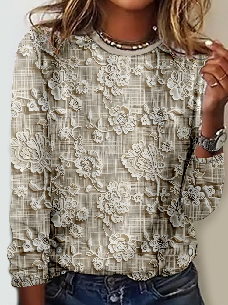Rundhals Langarm 3d Drucken Regelmäßig Mikroelastizität Regelmäßige Passform Bluse für Damen