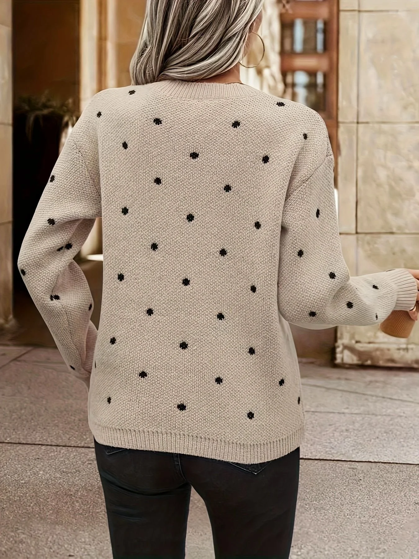 Damen Wolle/Stricken Polka Dots Langarm Bequem Lässig Pullover