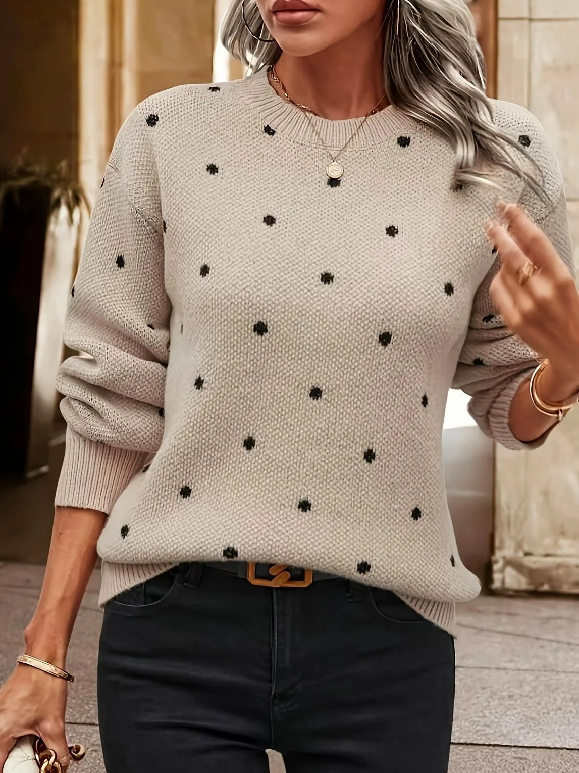 Damen Wolle/Stricken Polka Dots Langarm Bequem Lässig Pullover