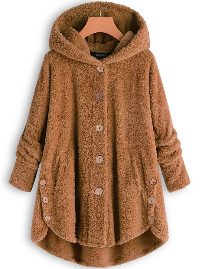 Damen Unifarben Kapuzenjacke mit Reißverschluss Schwer Weit Teddy Jacke