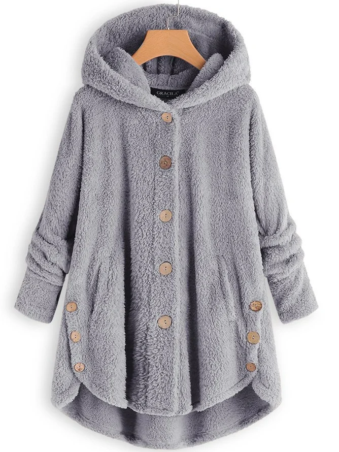 Damen Unifarben Kapuzenjacke mit Reißverschluss Schwer Weit Teddy Jacke