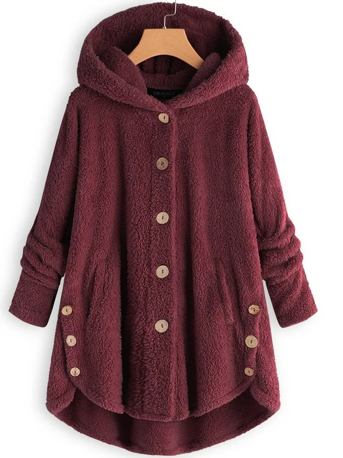 Damen Unifarben Kapuzenjacke mit Reißverschluss Schwer Weit Teddy Jacke