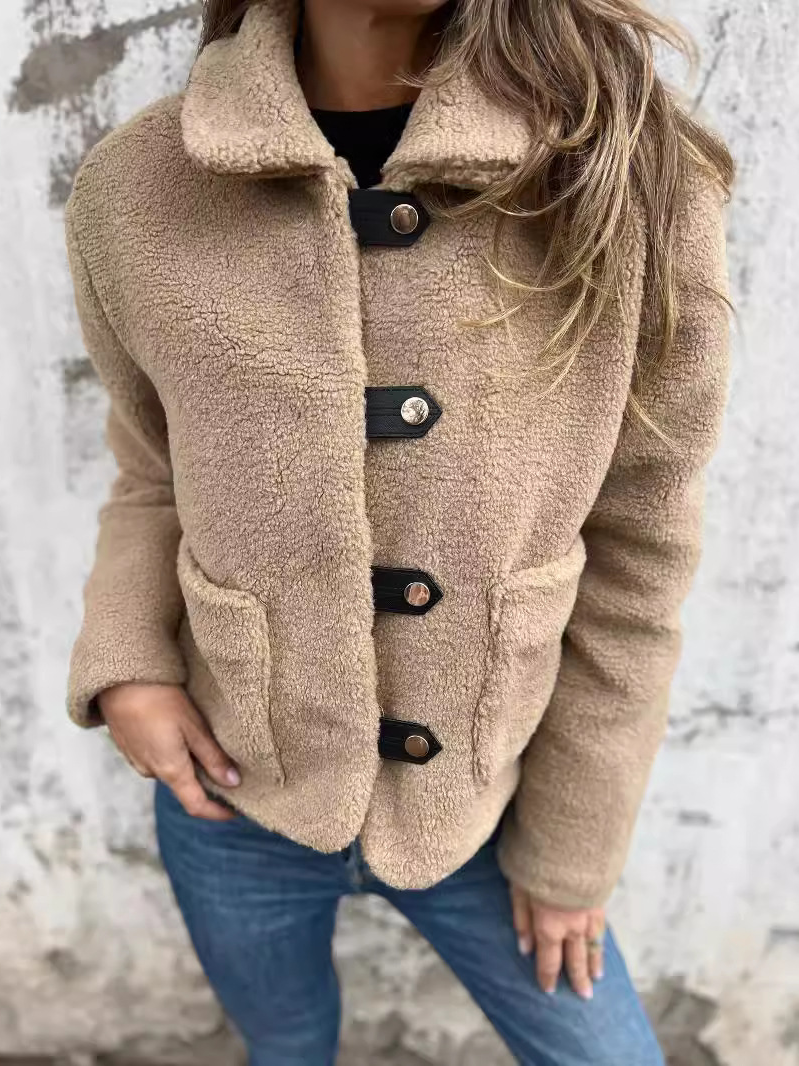 Damen Unifarben Sherpa-Jacke Schnalle Regelmäßig Regelmäßige Passform Teddy Jacke