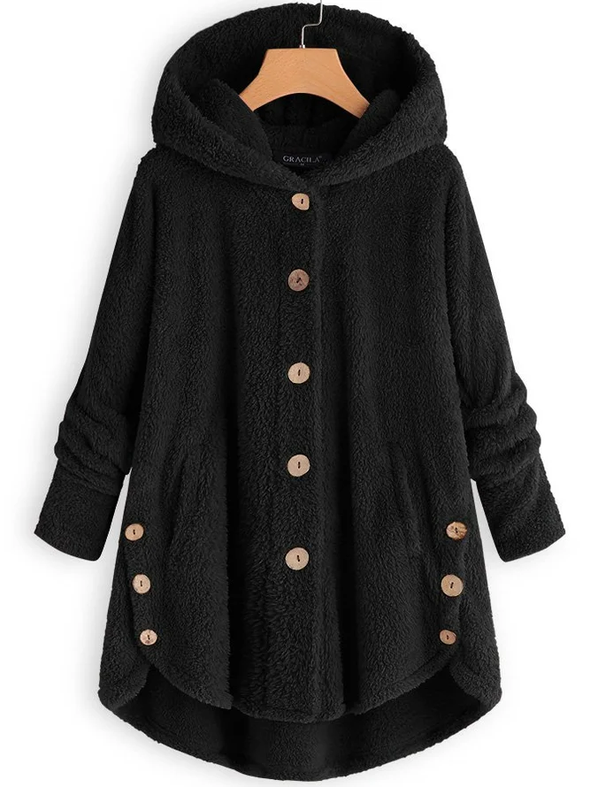 Damen Unifarben Kapuzenjacke mit Reißverschluss Schwer Weit Teddy Jacke