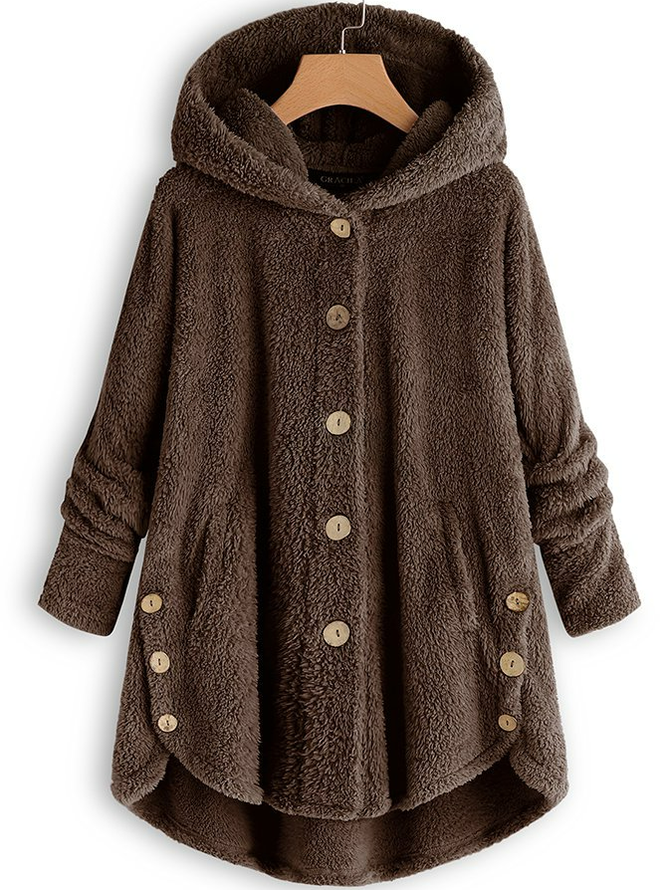 Damen Unifarben Kapuzenjacke mit Reißverschluss Schwer Weit Teddy Jacke