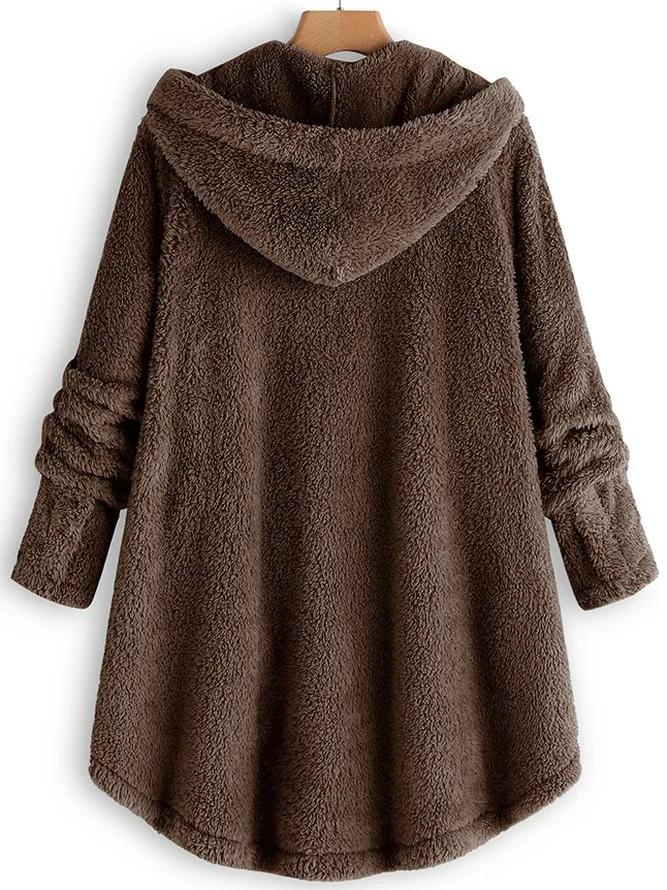 Damen Unifarben Kapuzenjacke mit Reißverschluss Schwer Weit Teddy Jacke