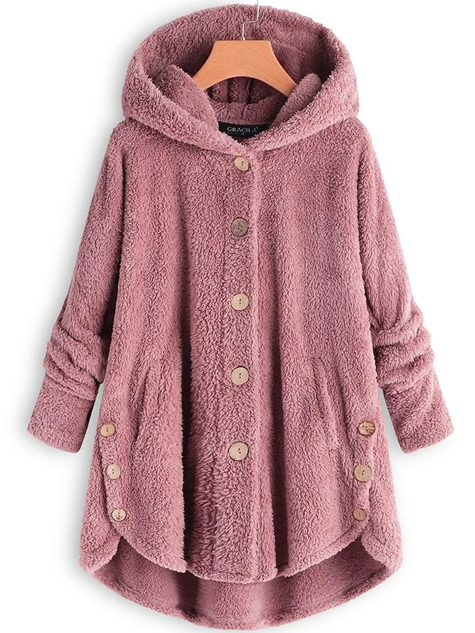 Damen Unifarben Kapuzenjacke mit Reißverschluss Schwer Weit Teddy Jacke