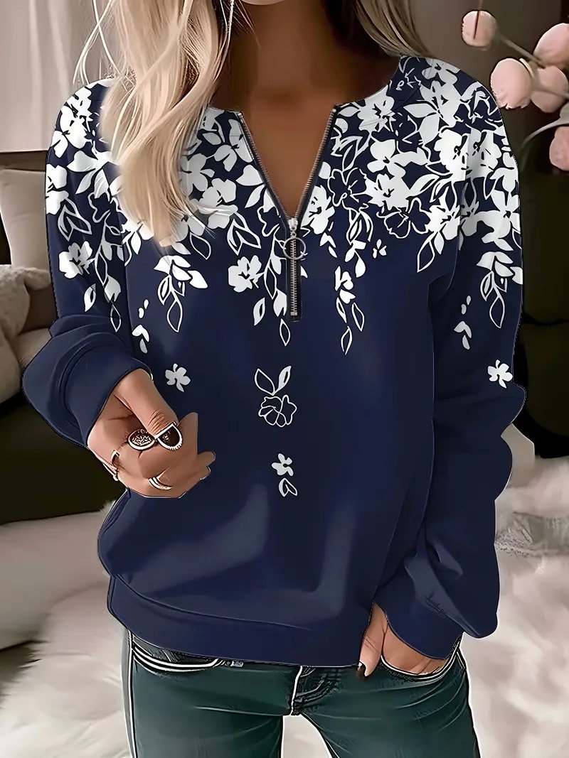 Lässig V-Ausschnitt Geblümt Sweatshirt Reißverschluss