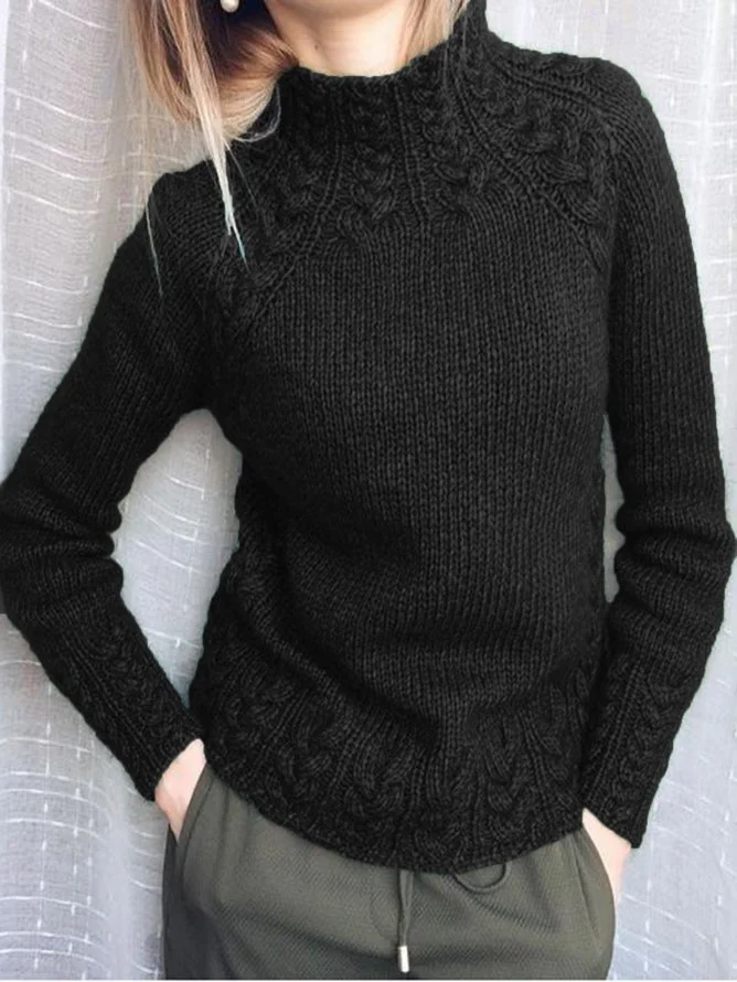 Damen Gestrickt Unifarben Langarm Bequem Retro Pullover