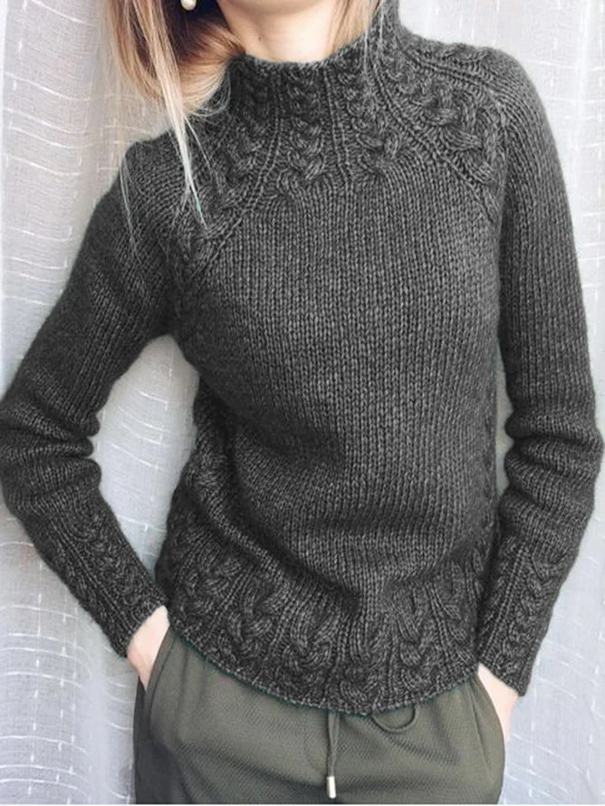 Damen Gestrickt Unifarben Langarm Bequem Retro Pullover