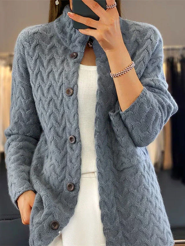 Damen Wolle/Stricken Unifarben Langarm Bequem Lässig Strickjacke