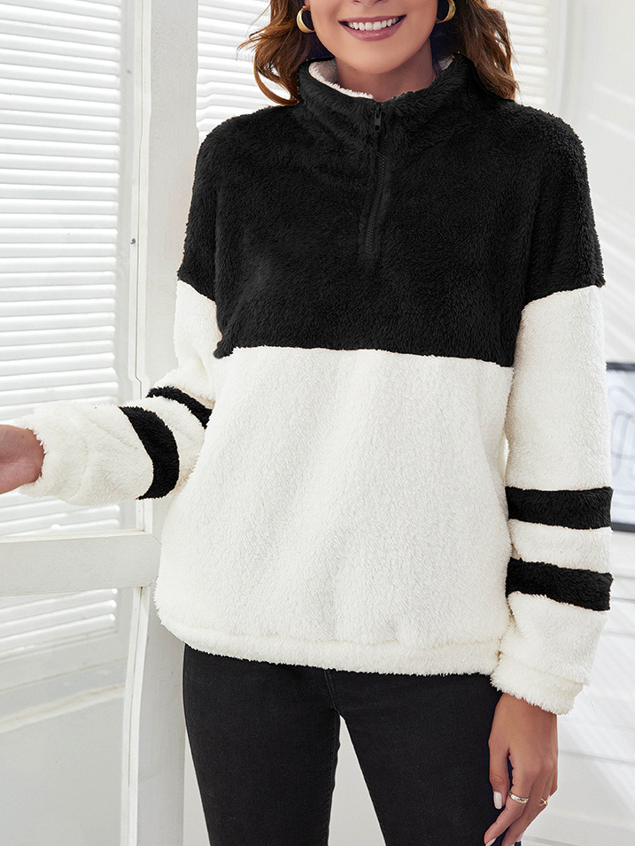 Lässig Schalkragen Farbblock Sweatshirt Reißverschluss