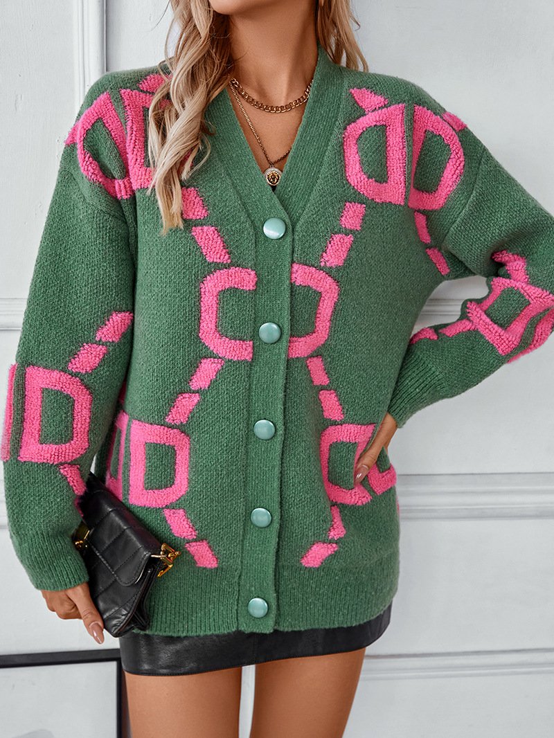 Damen Wolle/Stricken Abstrakt Langarm Bequem Lässig Strickjacke