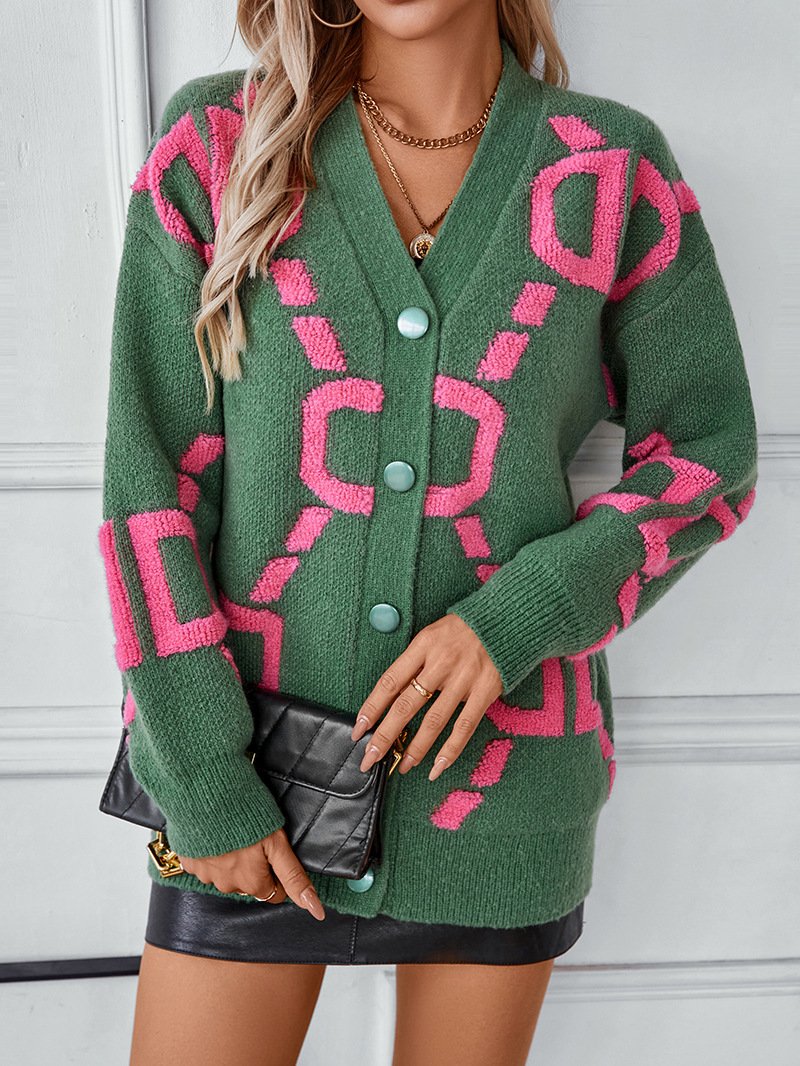 Damen Wolle/Stricken Abstrakt Langarm Bequem Lässig Strickjacke