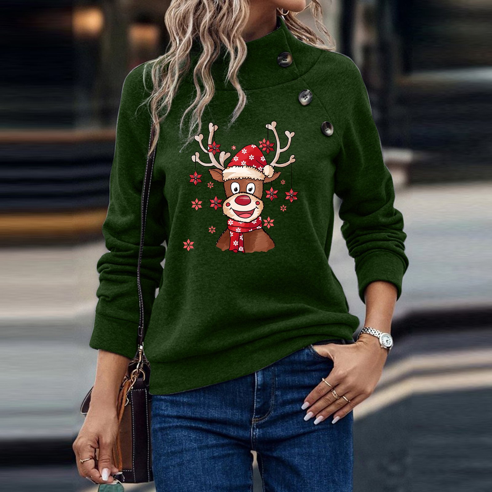 Lässig Mock Neck Weihnachten Elch Sweatshirt Reißverschluss