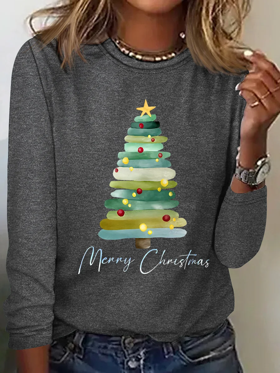 Lässig Weihnachtsbaum Rundhals Langarm T-Shirt
