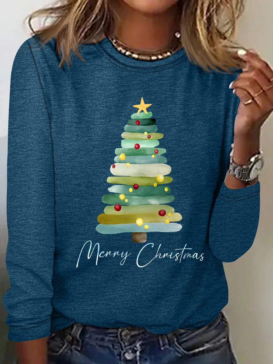 Lässig Weihnachtsbaum Rundhals Langarm T-Shirt