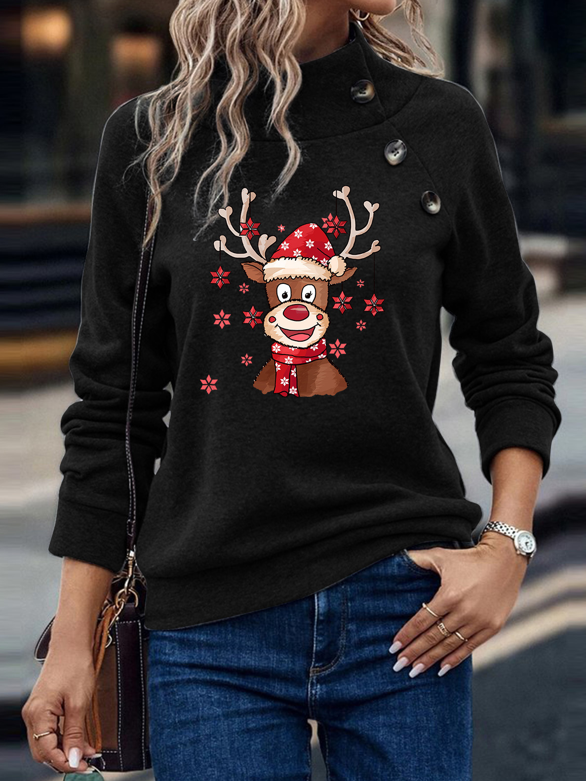 Lässig Mock Neck Weihnachten Elch Sweatshirt Reißverschluss