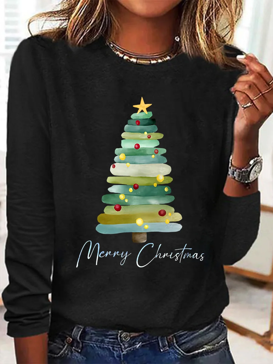 Lässig Weihnachtsbaum Rundhals Langarm T-Shirt