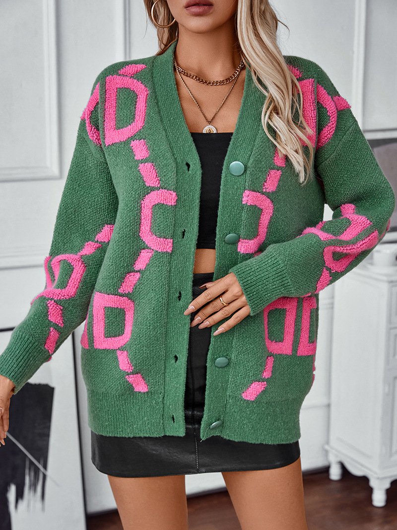 Damen Wolle/Stricken Abstrakt Langarm Bequem Lässig Strickjacke