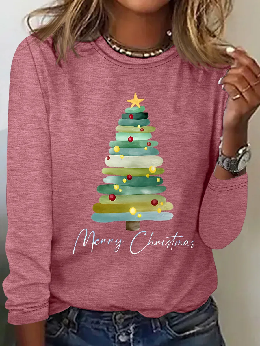 Lässig Weihnachtsbaum Rundhals Langarm T-Shirt