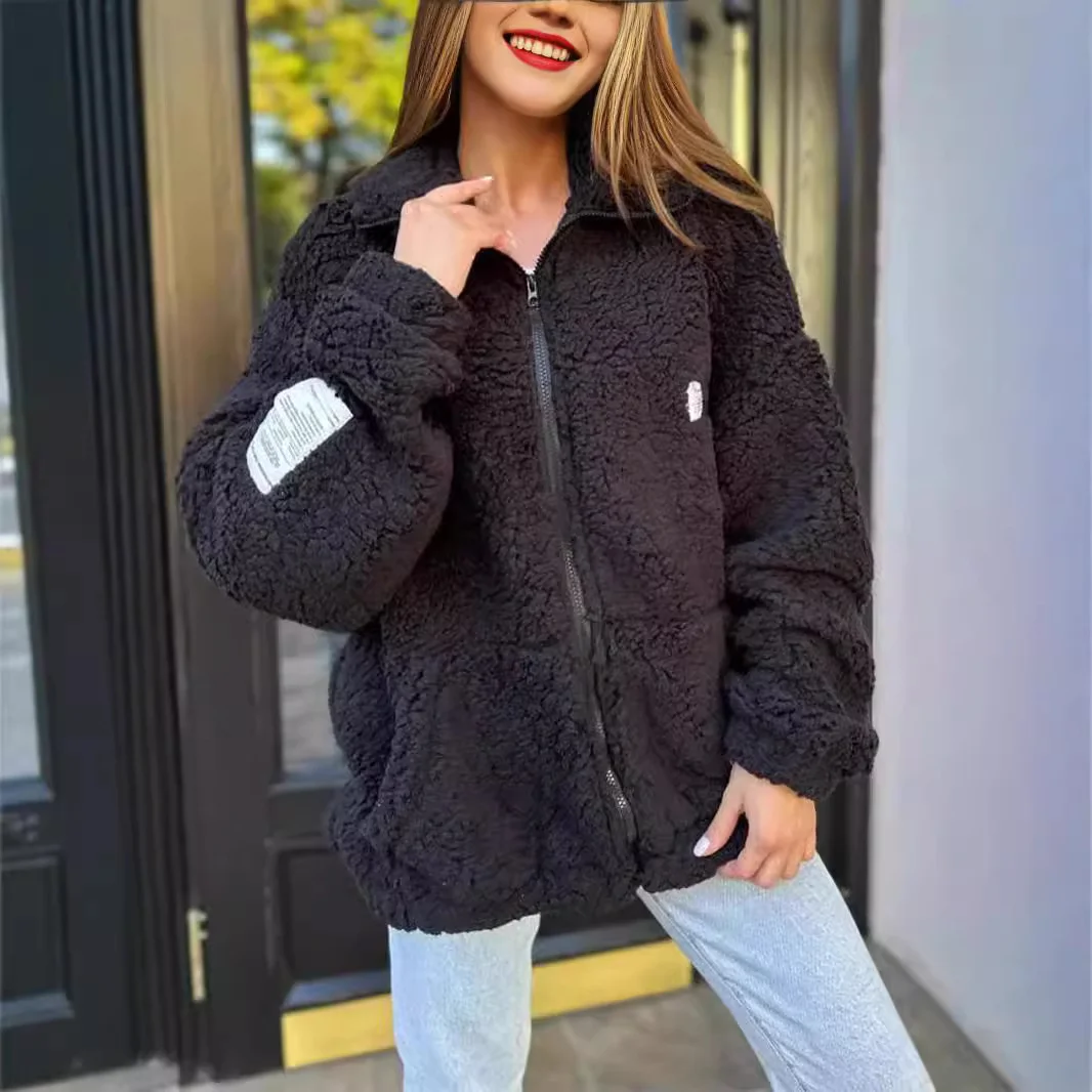 Damen Unifarben Sherpa-Jacke Reißverschluss Regelmäßig Weit Teddy Jacke