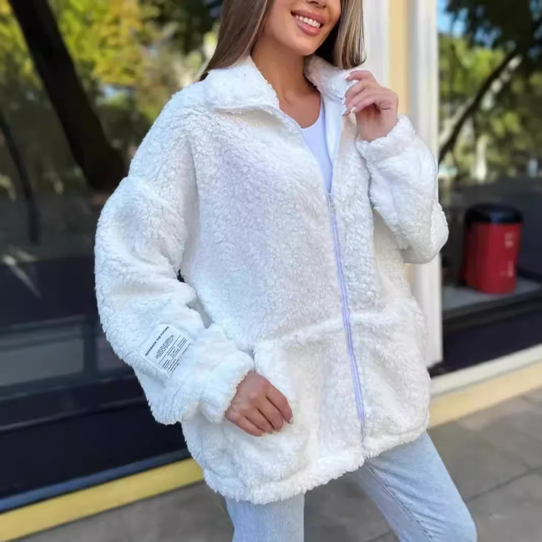 Damen Unifarben Sherpa-Jacke Reißverschluss Regelmäßig Weit Teddy Jacke