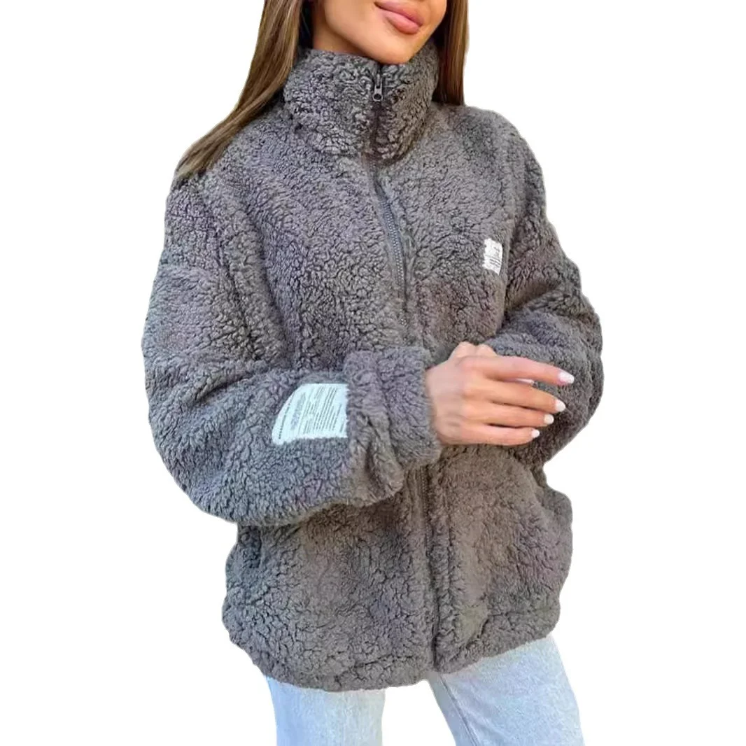 Damen Unifarben Sherpa-Jacke Reißverschluss Regelmäßig Weit Teddy Jacke