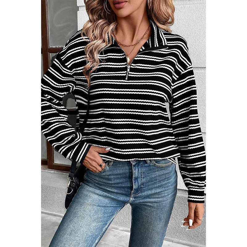 Lässig Schalkragen Gestreift Sweatshirt Reißverschluss