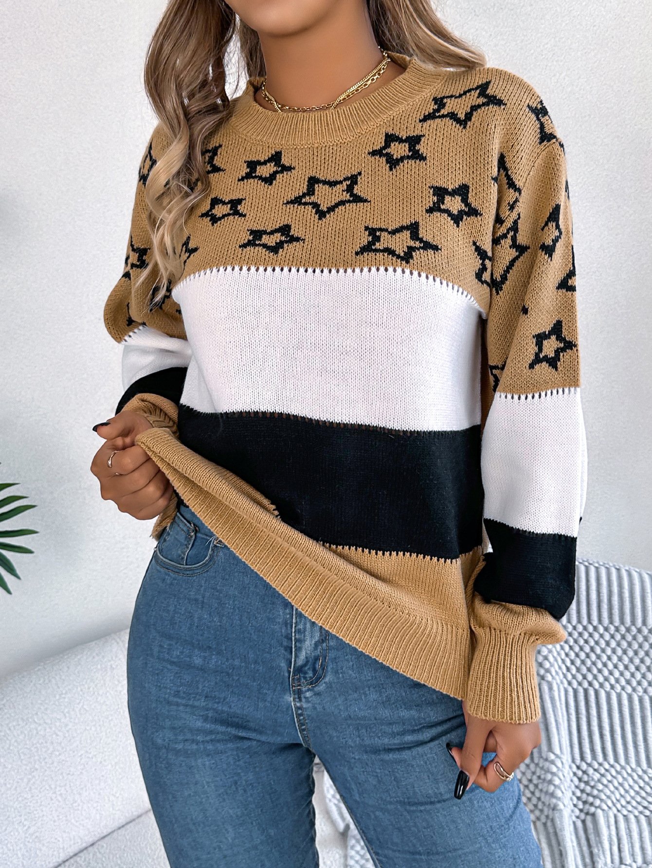 Damen Garn/Wollgarn Gestreift Langarm Bequem Lässig Pullover