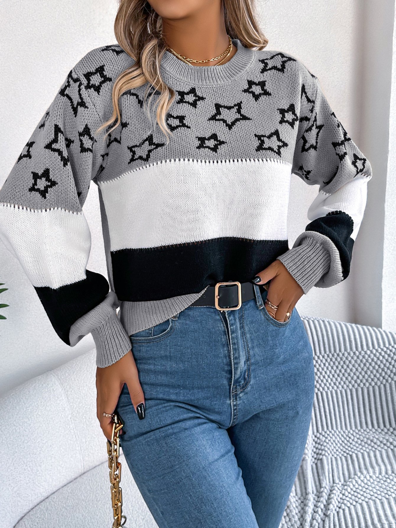 Damen Garn/Wollgarn Gestreift Langarm Bequem Lässig Pullover