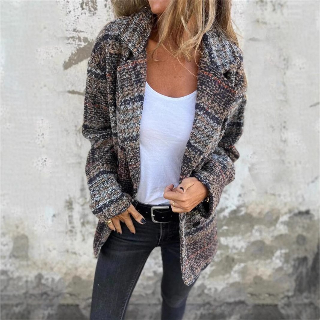 Damen Kariert Tweed-Jacke Regelmäßig Weit Mantel