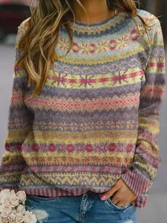 Damen Gestrickt Ethnisch Geometrie Langarm Bequem Lässig Pullover