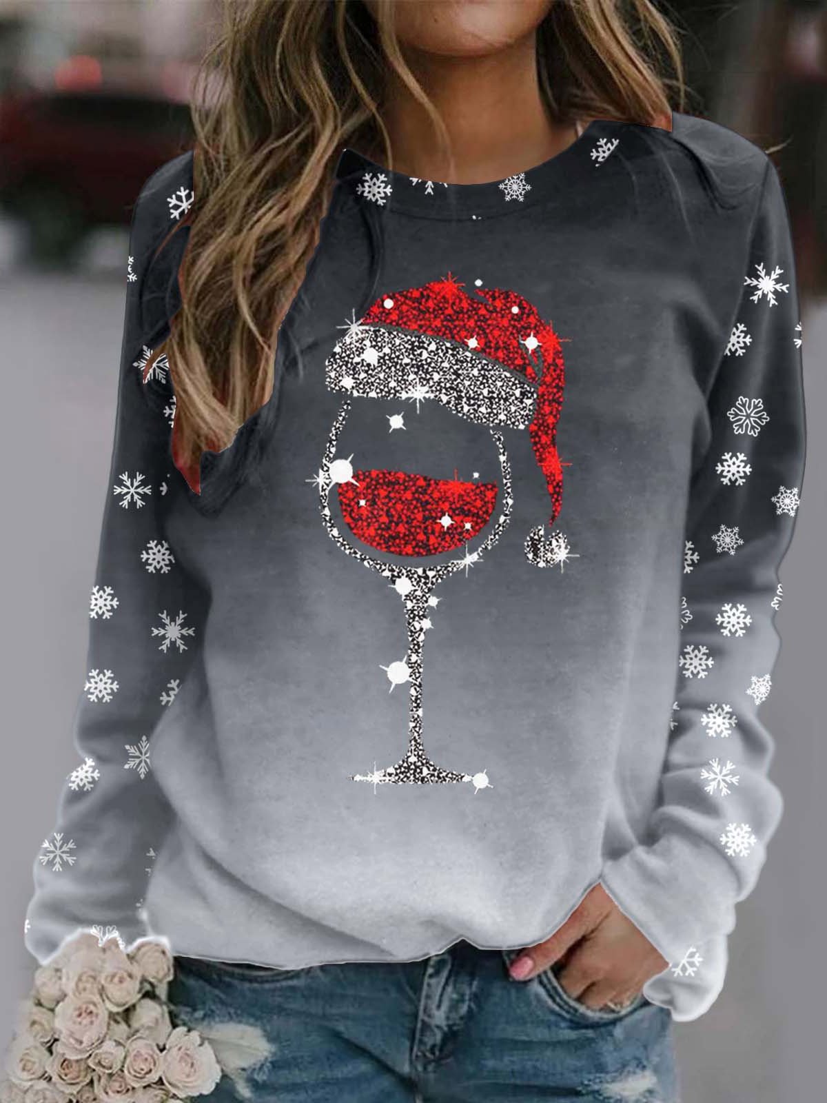 Lässig Rundhals Weihnachten Wein Glas Sweatshirt