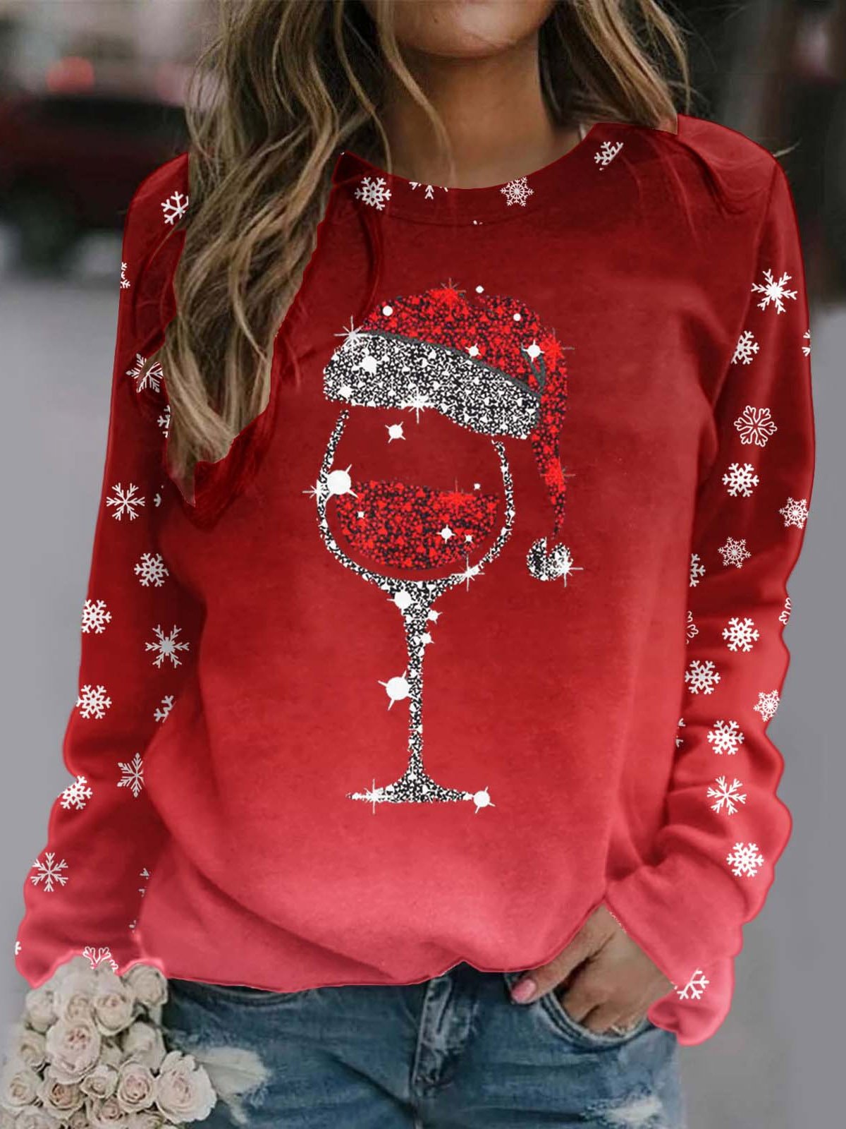 Lässig Rundhals Weihnachten Wein Glas Sweatshirt