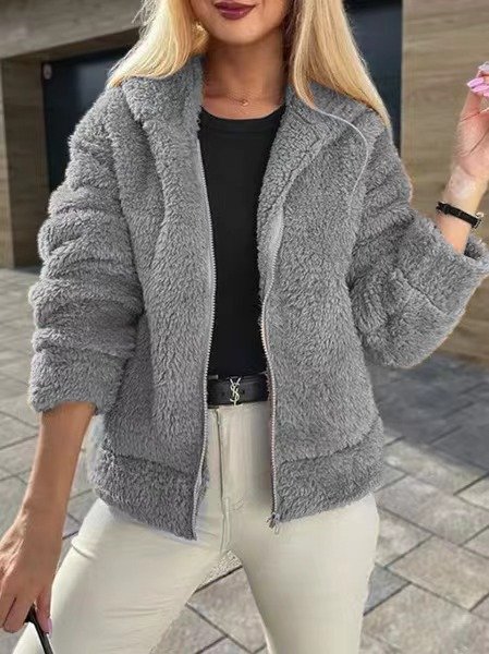 Damen Unifarben Sherpa-Jacke verdicken Weit Teddy Jacke