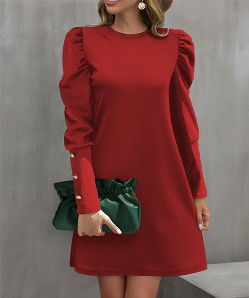Damen Unifarben Rundhals Langarm Bequem Lässig Midikleid