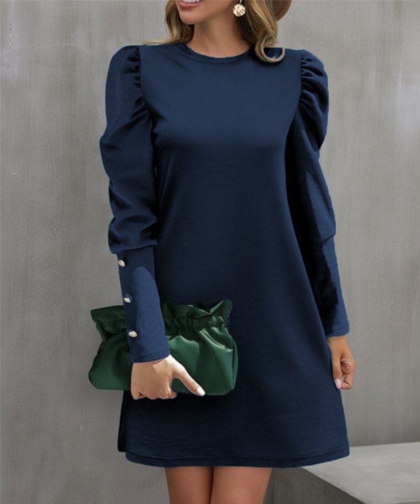 Damen Unifarben Rundhals Langarm Bequem Lässig Midikleid