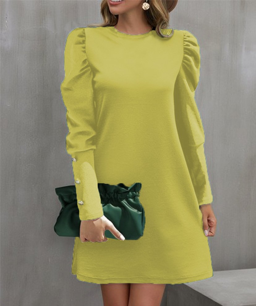 Damen Unifarben Rundhals Langarm Bequem Lässig Midikleid