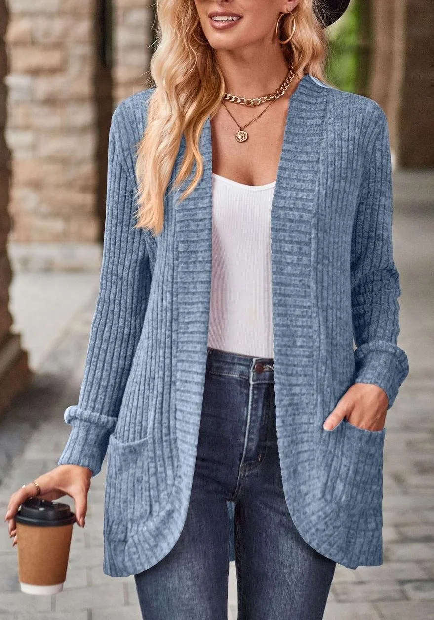 Damen Unifarben Langarm Bequem Lässig Strickjacke