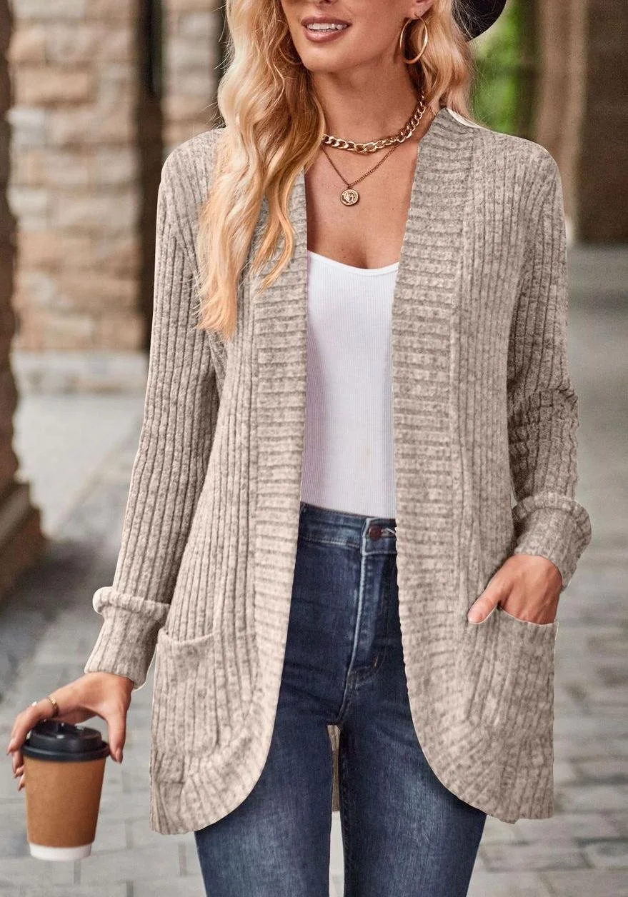 Damen Unifarben Langarm Bequem Lässig Strickjacke