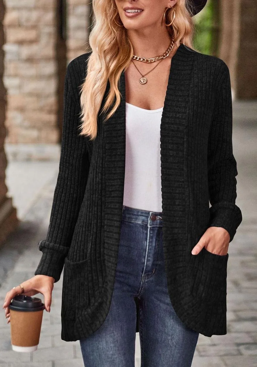 Damen Unifarben Langarm Bequem Lässig Strickjacke