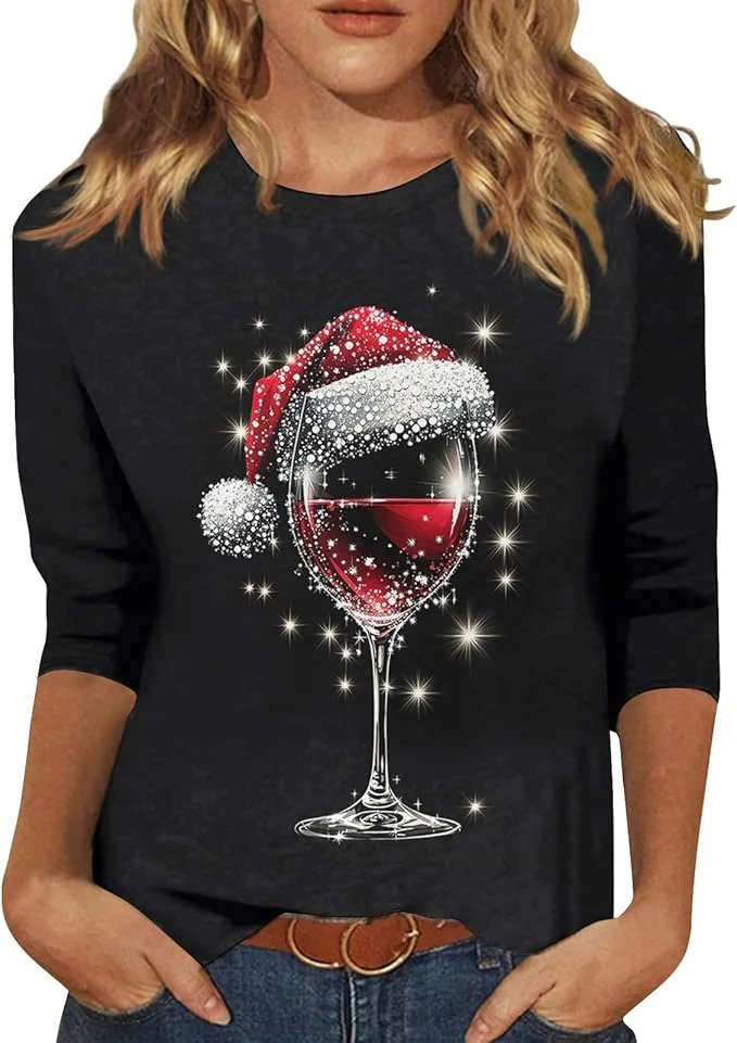 Rundhals Langarm Weihnachten Wein Glas Regelmäßig Mittlere Elastizität Weit Bluse für Damen