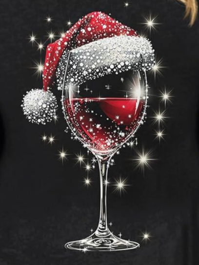 Rundhals Langarm Weihnachten Wein Glas Regelmäßig Mittlere Elastizität Weit Bluse für Damen
