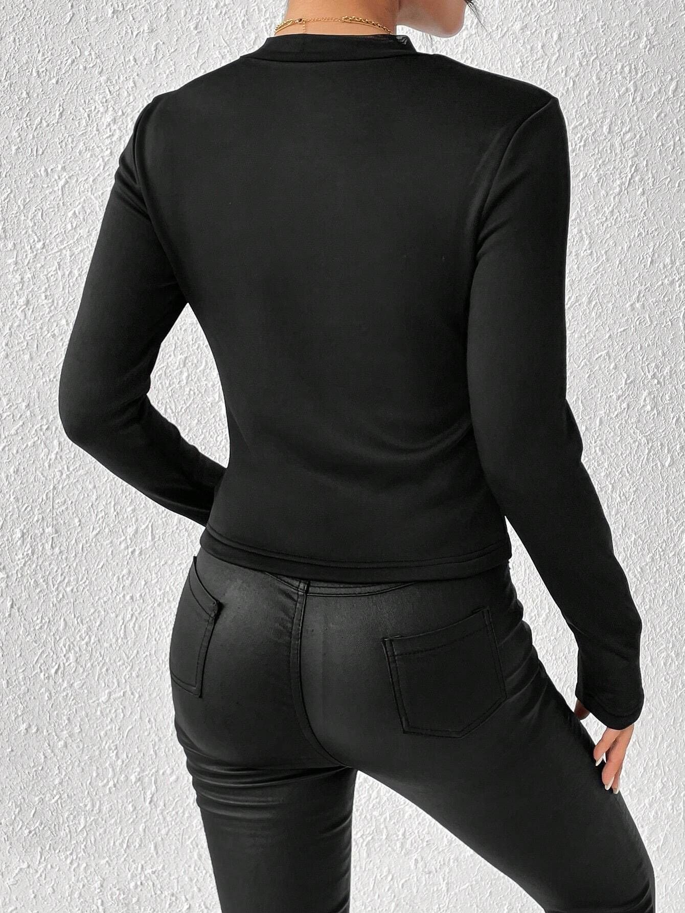 Rundhals Langarm Unifarben Spitze Regelmäßig Mikroelastizität Weit Bluse für Damen