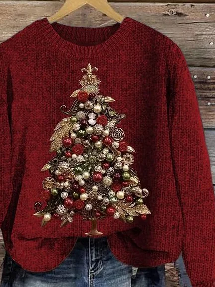 Damen Gestrickt Weihnachtsbaum Langarm Bequem Lässig Pullover