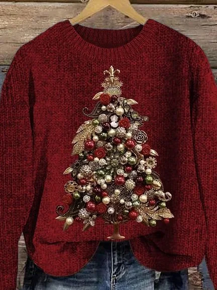 Damen Gestrickt Weihnachtsbaum Langarm Bequem Lässig Pullover