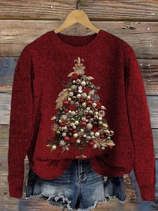 Damen Gestrickt Weihnachtsbaum Langarm Bequem Lässig Pullover