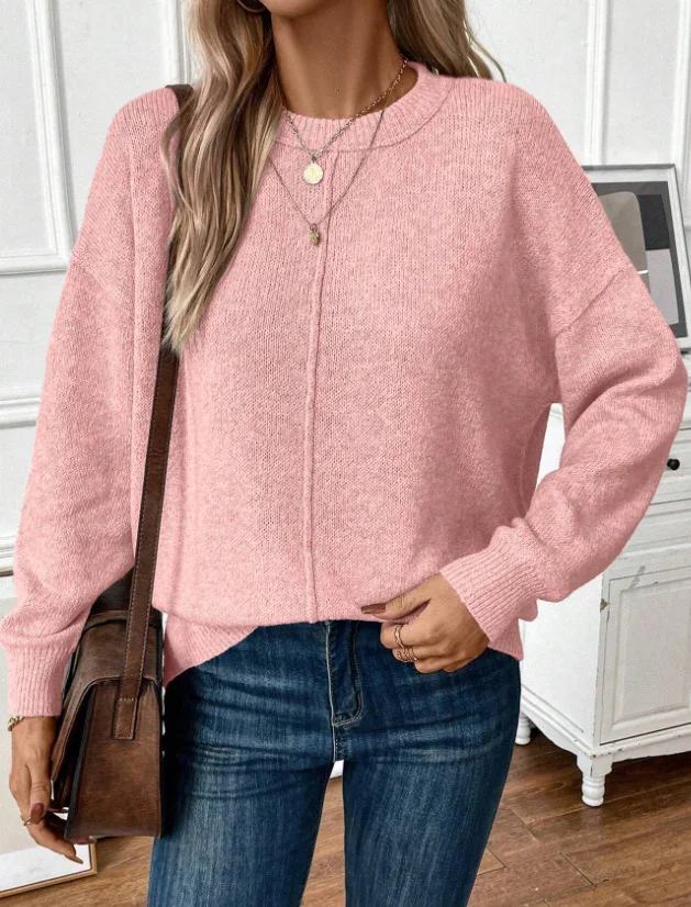 Damen Unifarben Langarm Bequem Lässig Pullover