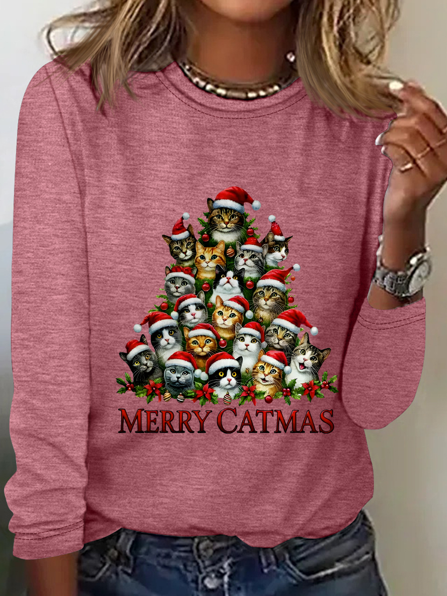 Rundhals Langarm Weihnachten Regelmäßig Mittlere Elastizität Weit Bluse für Damen